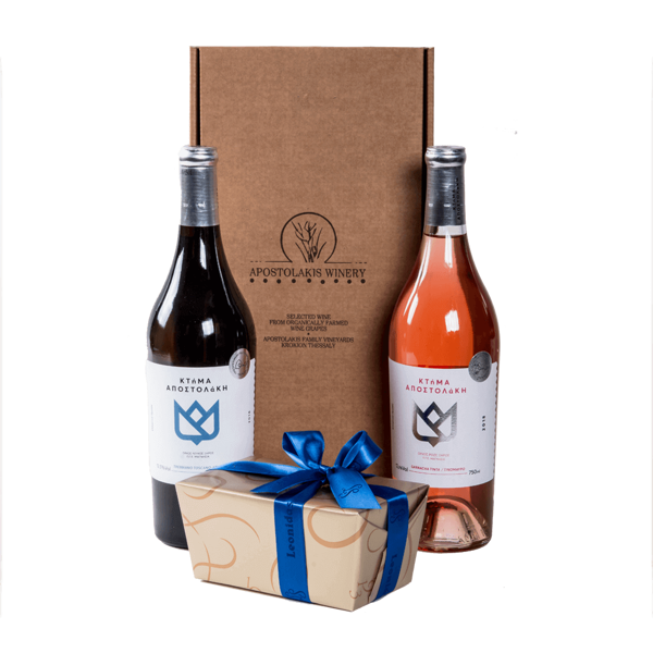 Xάρτινο κουτί με 2 κρασιά Αποστολάκη & 500 γρ. σοκολατάκια Leonidas