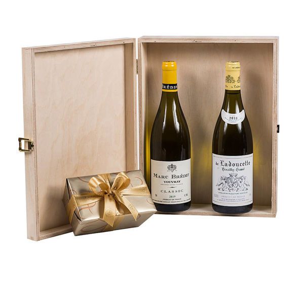 Ξύλινο κουτί με Γαλλικά κρασιά και σοκολατάκια Leonidas