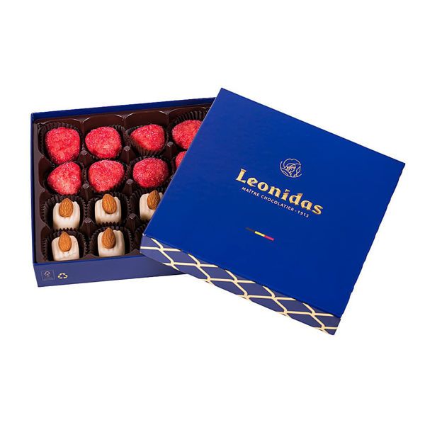 Χάρτινο μπλέ τετράγωνο κουτί Heritage M με 340 γρ αμυγδαλόπαστα (marzipan) Leonidas