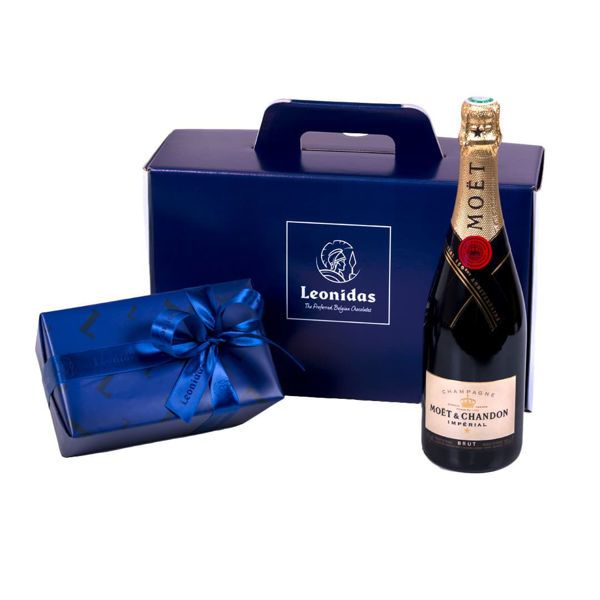 Χάρτινο κουτί Leonidas με σοκολατάκια και  Σαμπάνια Moet & Chandon Brut Imperial