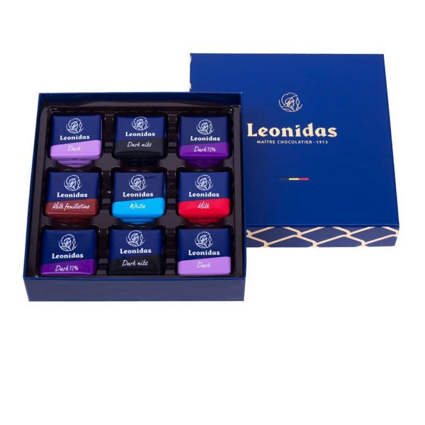 Χάρτινο μπλέ τετράγωνο κουτί Heritage S με 180 γρ. σοκολατάκια Leonidas napolitain