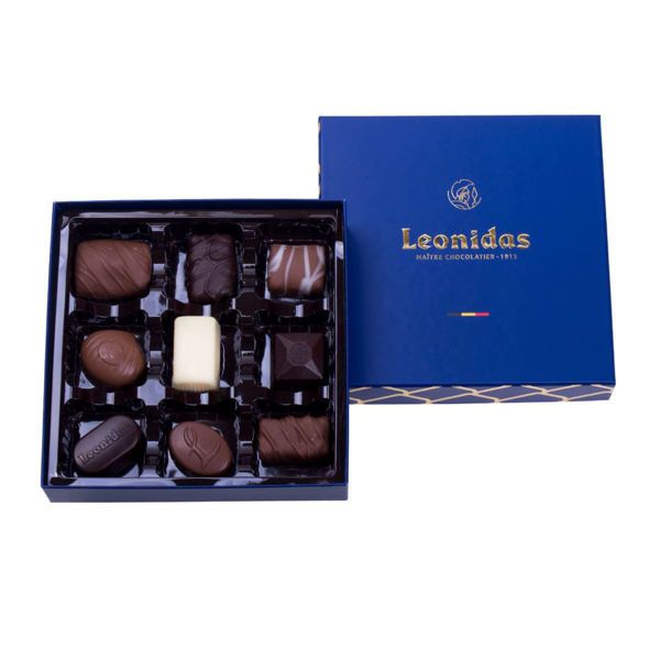 Χάρτινο μπλέ τετράγωνο κουτί Heritage S με 170 γρ. σοκολατάκια Leonidas