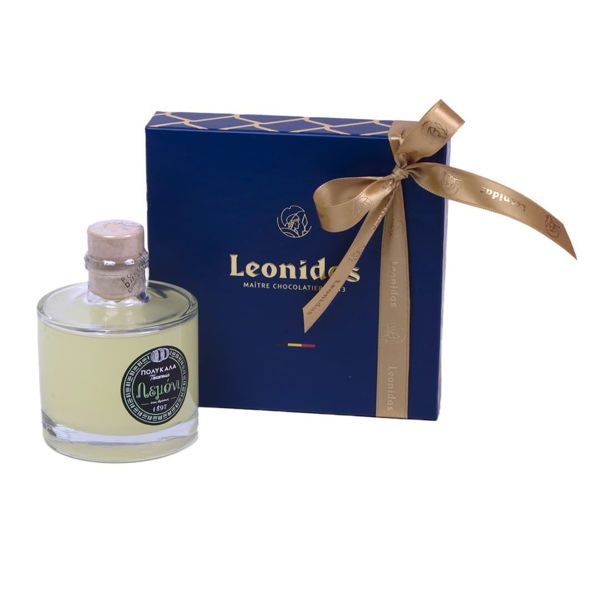 Λικέρ Πολυκαλά Λεμόνι & Χάρτινο μπλέ τετράγωνο κουτί Heritage S με 150 γρ. σοκολατάκια τρουφάκια (perles) Leonidas