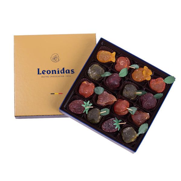 Χάρτινο χρυσό τετράγωνο κουτί Heritage M με 430 γρ.pates de fruit (ζελεδάκια φρούτων) Leonidas