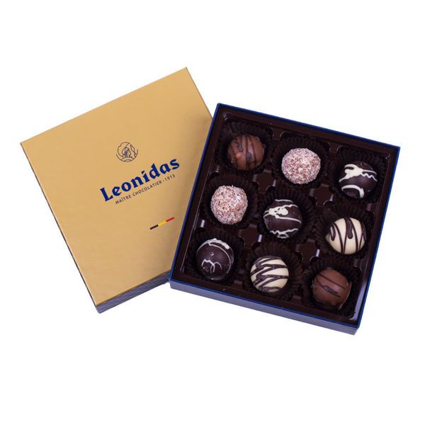 Χάρτινο χρυσό τετράγωνο κουτί Heritage S με 150 γρ σοκολατάκια τρουφάκια (perles) Leonidas