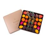 Τετράγωνο χρυσό μεταλλικό κουτί με 800 γρ. αμυγδαλόπαστα (marzipan) και pates de fruit (ζελεδάκια φρούτων) Leonidas