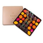 Τετράγωνο χρυσό μεταλλικό κουτί με 800 γρ. αμυγδαλόπαστα (marzipan) και pates de fruit (ζελεδάκια φρούτων) Leonidas