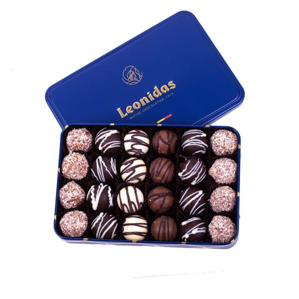 Μεταλλικό παραλληλόγραμμο μπλέ κουτί με 370 γρ σοκολατάκια τρουφάκια (perles) Leonidas