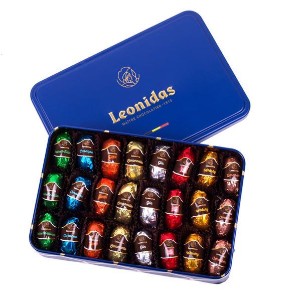 Μεταλλικό παραλληλόγραμμο μπλέ κουτί με 350 γρ σοκολατάκια με λικέρ σε σοκολάτα υγείας - assortment of pure liquors dark