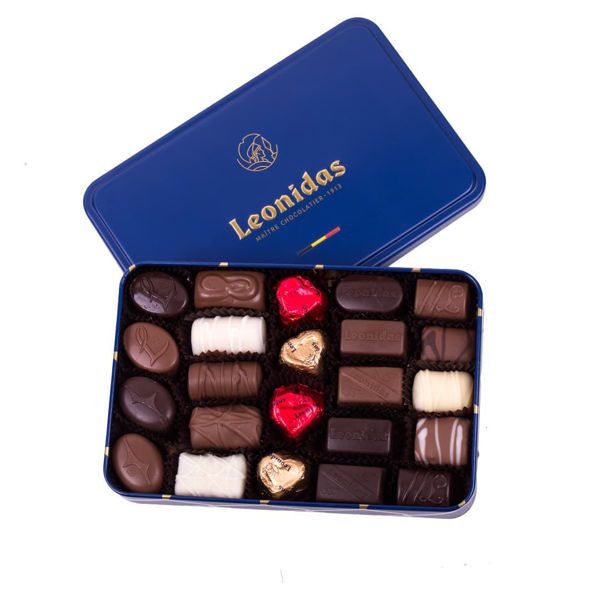 Μεταλλικό παραλληλόγραμμο μπλέ κουτί με 350 γρ ποικιλία σοκολατάκια Leonidas