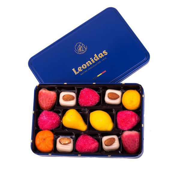 Μεταλλικό παραλληλόγραμμο μπλέ κουτί με 330 γρ. αμυγδαλόπαστα (marzipan) Leonidas