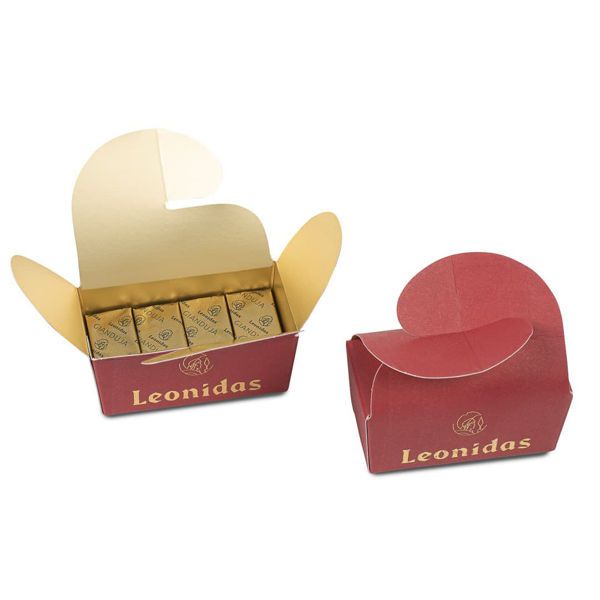Μίνι χάρτινο κουτάκι σε κόκκινο χρώμα με 4 σοκολατάκια gianduja Leonidas