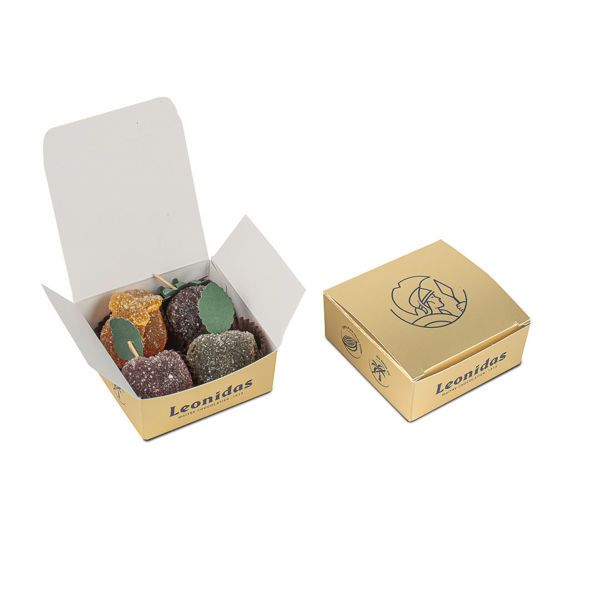 Μίνι χάρτινο κουτάκι σε χρυσό χρώμαι με 4 pates de fruit (ζελεδάκια φρούτων) Leonidas