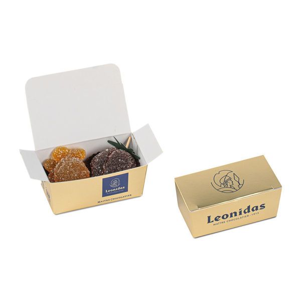 Μίνι χάρτινο κουτάκι σε χρυσό χρώμα με 2 pates de fruit (ζελεδάκια φρούτων) Leonidas