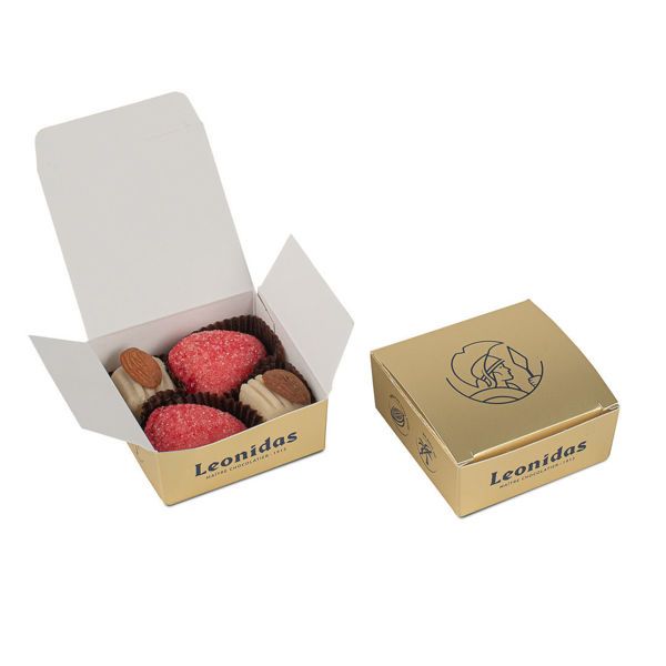 Μίνι χάρτινο κουτάκι σε χρυσό χρώμα με 4 αμυγδαλόπαστες (marzipan) Leonidas