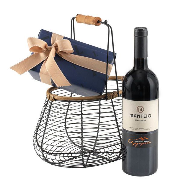 Μεταλλικό καλάθι με σοκολατάκια Leonidas και κρασί Αργυρίου