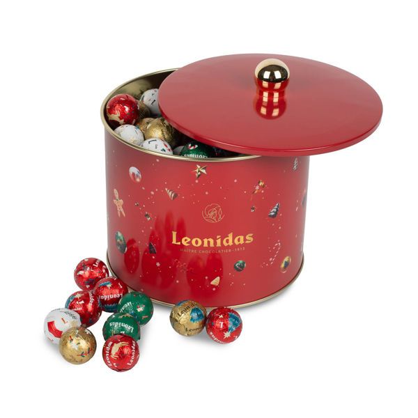 Χριστουγεννιάτικη μεταλλική μπισκοτιέρα με 1,50 κιλά σοκολατένιες χριστουγεννιάτικες μπαλίτσες