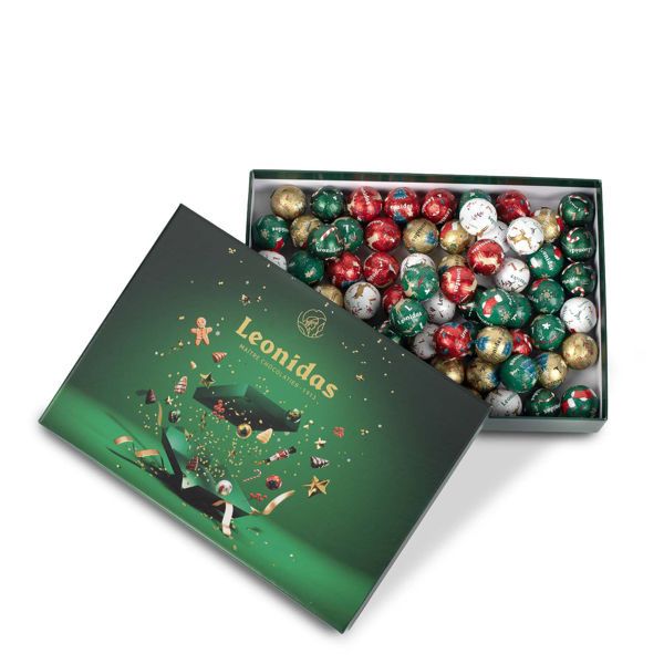 Χριστουγεννιάτικο πράσινο παραλληλόγραμμο χάρτινο κουτί με 750 γρ. ποικιλία σοκολατένιες χριστουγεννιάτικες μπαλίτσες  Leonidas