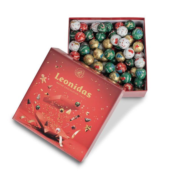 Χριστουγεννιάτικο κόκκινο χάρτινο κουτί τετράγωνο με 1 kg ποικιλία σοκολατένιες χριστουγεννιάτικες μπαλίτσες  Leonidas