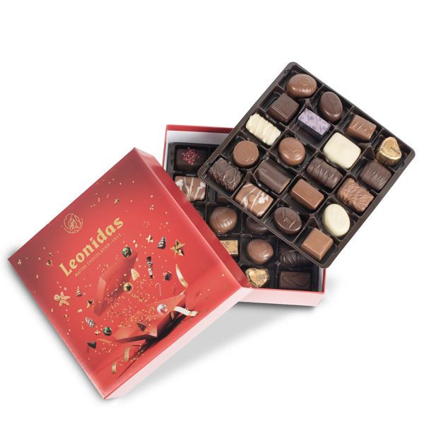 Χριστουγεννιάτικο κόκκινο χάρτινο κουτί τετράγωνο σε 2 επίπεδα με 640 γρ. ποικιλία σοκολατάκια Leonidas