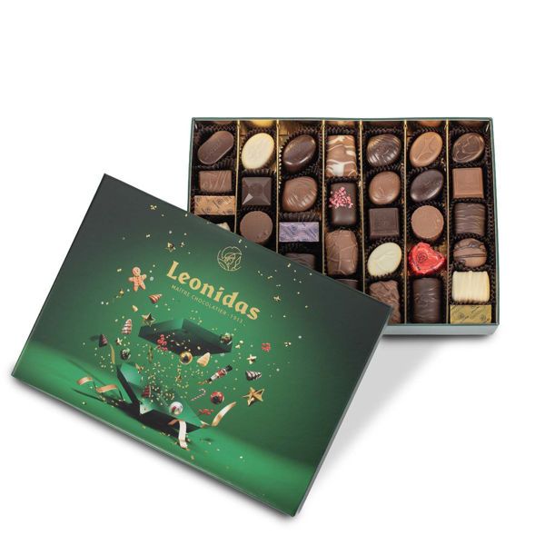 Χριστουγεννιάτικο πράσινο παραλληλόγραμμο χάρτινο κουτί με 570 γρ. ποικιλία σοκολατάκια Leonidas