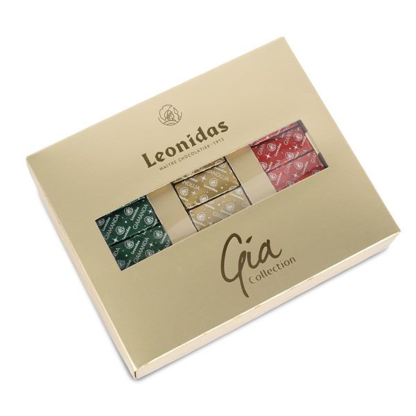 Χρυσό κουτί με 36 σοκολατάκια gianduja, giantina, giamanda Leonidas με Χριστουγεννιάτικο περιτύλιγμα
