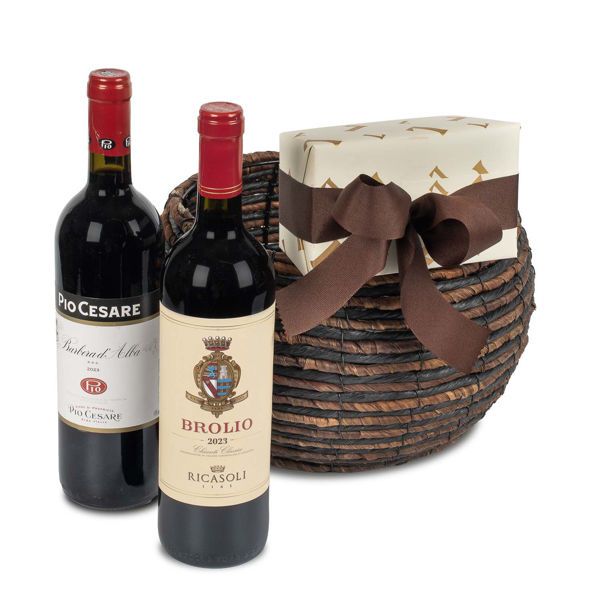 Ψάθινο καλλαθι με Ιταλικά κρασιά και σοκολατάκια Leonidas