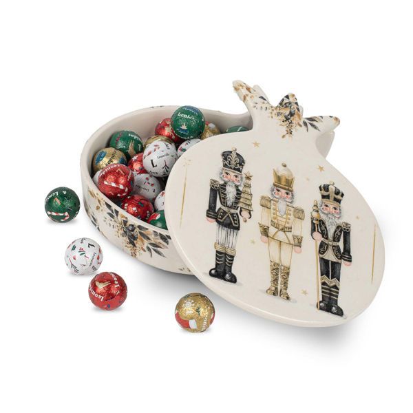 Χριστουγεννιάτικο διακοσμητικό κεραμικό κουτί σε σχήμα ροδιού με καπάκι με 300 γρ. ποικιλία σοκολατένιες χριστουγεννιάτικες μπαλίτσες  Leonidas