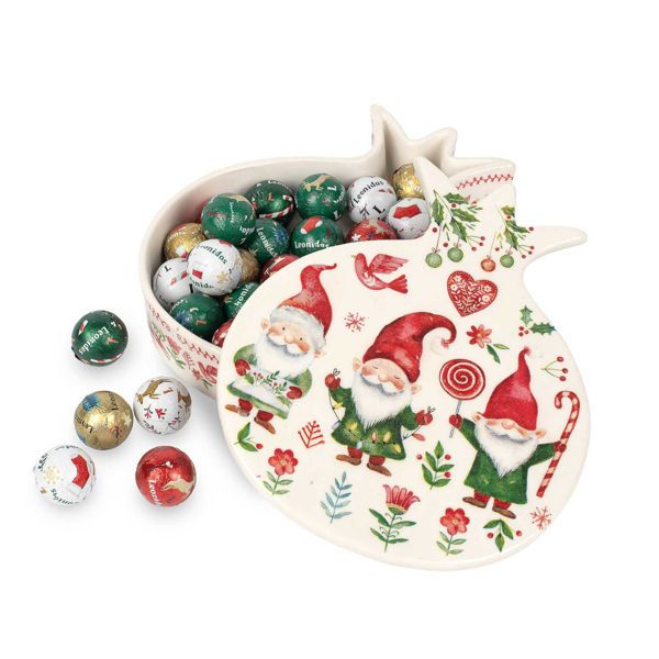Χριστουγεννιάτικο διακοσμητικό κεραμικό κουτί σε σχήμα ροδιού με καπάκι με 300 γρ. ποικιλία σοκολατένιες χριστουγεννιάτικες μπαλίτσες  Leonidas