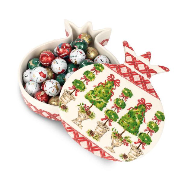 Χριστουγεννιάτικο διακοσμητικό κεραμικό κουτί σε σχήμα ροδιού με καπάκι με 300 γρ. ποικιλία σοκολατένιες χριστουγεννιάτικες μπαλίτσες  Leonidas