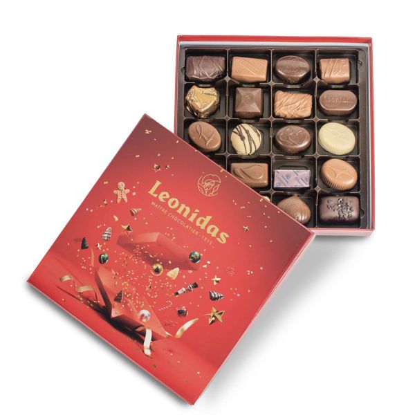 Χριστουγεννιάτικο κόκκινο χάρτινο κουτί τετράγωνο με 320 γρ. ποικιλία σοκολατάκια Leonidas