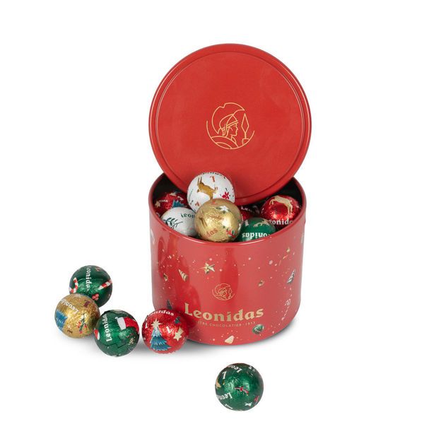 Χριστουγεννιάτικος μεταλλικός κύλινδρος με 20 χριστουγεννιάτικες σοκολατένιες μπαλίτσες Leonidas.