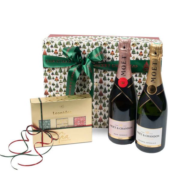 Χάρτινο Χριστουγεννιάτικο κουτί με 2 σαμπάνιες  Moet & Chandon και 750 γρ. σοκολατάκια Leonidas