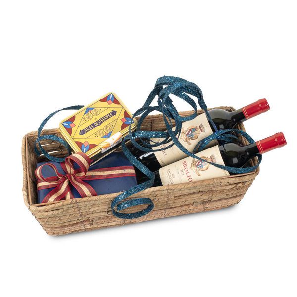 Ψάθινο καλάθι με χριστουγεννιάτικο αμπαλάζ, κρασί Ιταλίας Ricasoli Brolio Chianti Classico και 500 γρ. σοκολατάκια Leonidas