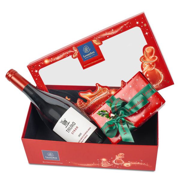 Χριστουγεννιάτικο κουτί Leonidas με 500 γρ σοκολατάκια και κόκκινο κρασί Αποστολακη Tauro Syrah
