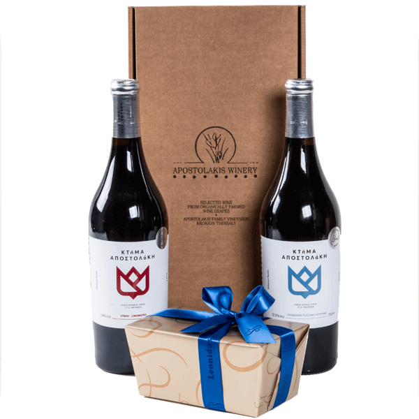 Xάρτινο κουτί με 2 κρασιά Αποστολάκη & 500 γρ. σοκολατάκια Leonidas