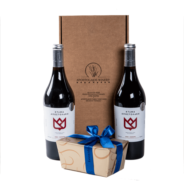 Xάρτινο κουτί με 2 κρασιά Αποστολάκη &  500 γρ. σοκολατάκια Leonidas