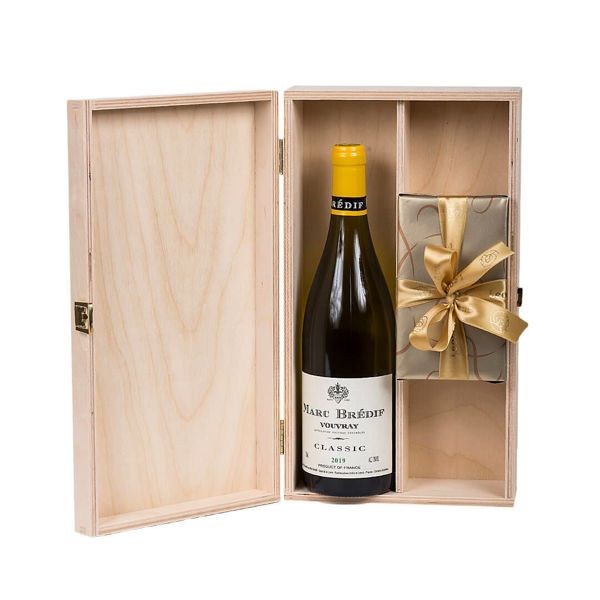Ξύλινο κουτί με Γαλλικό κρασί και σοκολατάκια Leonidas