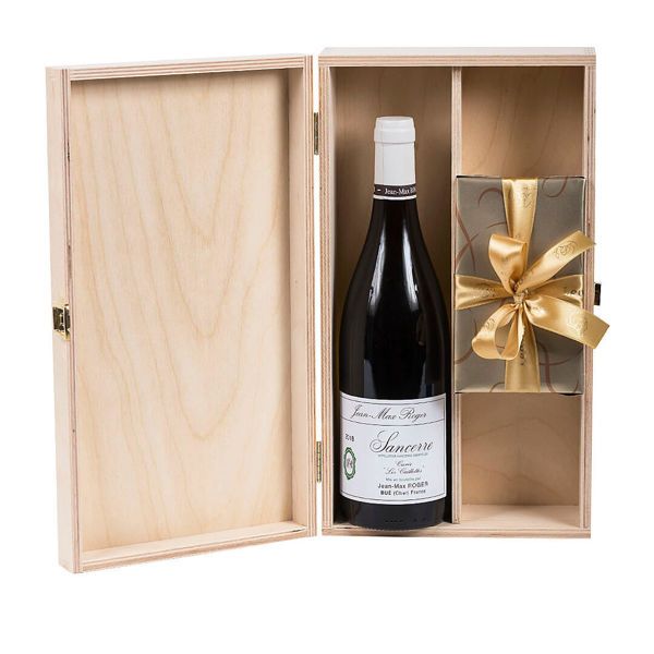Ξύλινο κουτί με Γαλλικό κρασί Jean-Max Roger Sancerre και σοκολατάκια Leonidas