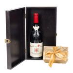 Ξύλινο κουτί με Γαλλικό κρασί Ροδανού και σοκολατάκια Leonidas