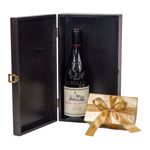 Ξύλινο κουτί με Γαλλικό κρασί Ροδανού και σοκολατάκια Leonidas