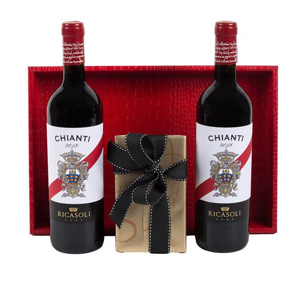 Δερμάτινος δίσκος με Ιταλικά κρασιά Chianti  και σοκολατάκια Leonidas