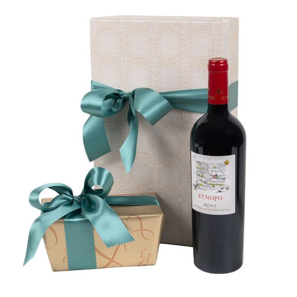 Υφασμάτινο κουτί με κρασί "Σύνορο" Σκούρα και σοκολατάκια Leonidas