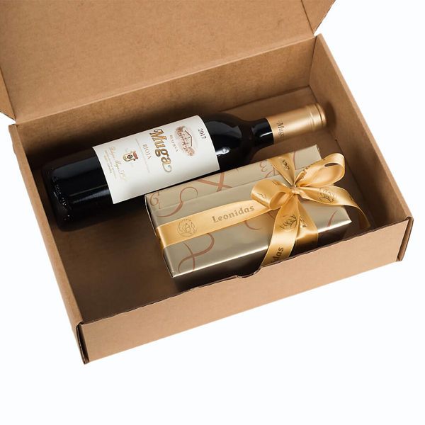 Χάρτινο κουτί με κόκκινο κρασί Ισπανίας MUGA RIOJA & σοκολατάκια Leonidas