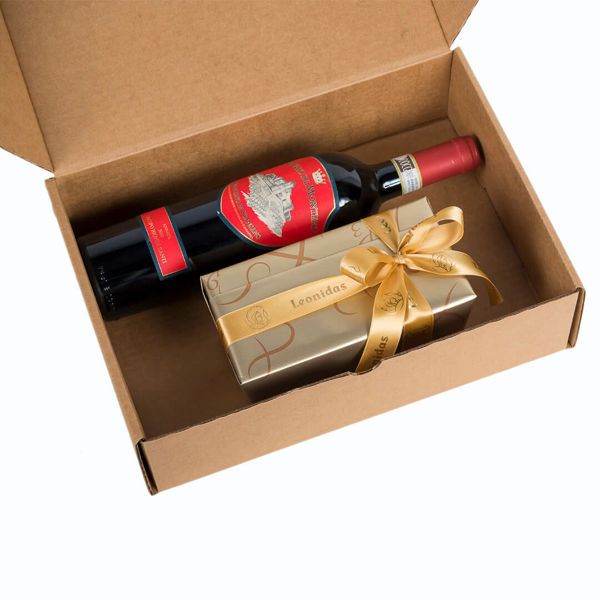 Χάρτινο κουτί με κρασί Ιταλίας Biondi Santi, Morellino di Scansano & σοκολατάκια Leonidas