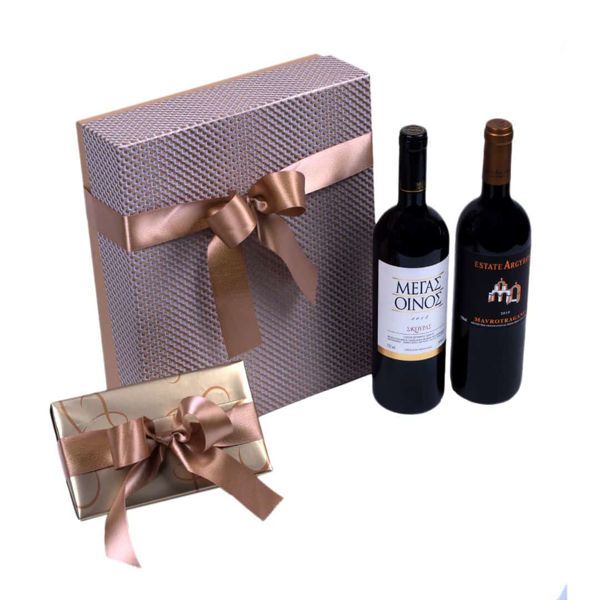 Χάρτινο κουτί με αμπαλάζ, σοκολατάκια Leonidas & Ελληνικά κόκκινα κρασιά