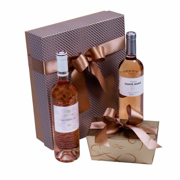 Χάρτινο κουτί με αμπαλάζ, σοκολατάκια Leonidas & Γαλλικά ροζέ κρασιά