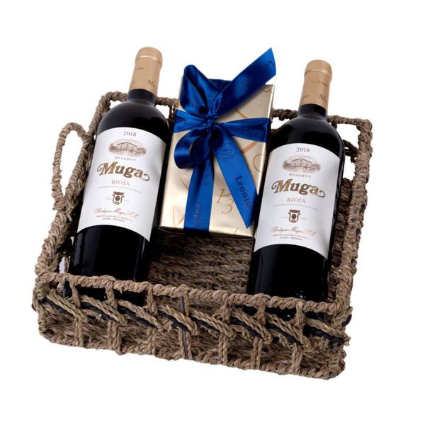 Ψάθινο Καλάθι με σοκολατάκια Leonidas & κρασί Ισπανίας MUGA RIOJA
