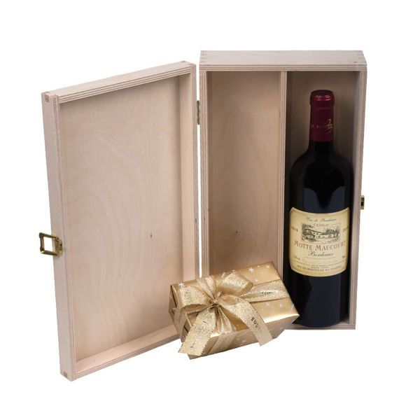 Ξύλινο κουτί με σοκολατάκια Leonidas με Γαλλικό κόκκινο κρασί Chateau Motte Maucourt