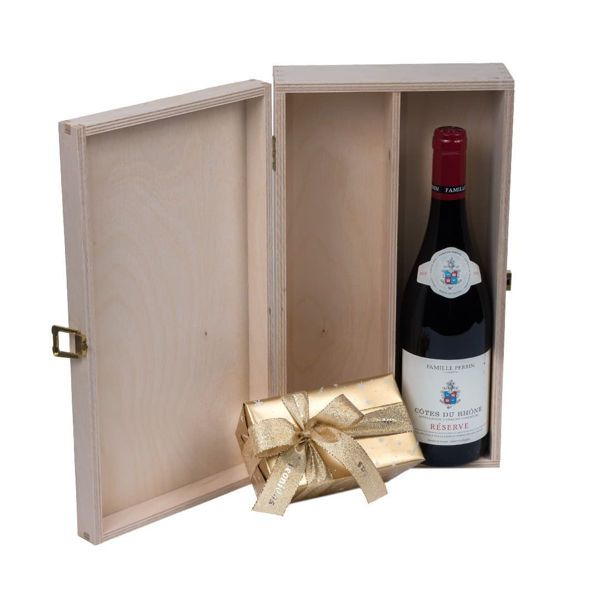 Ξύλινο κουτί με σοκολατάκια Leonidas με κρασί Ροδανού Famille Perrin